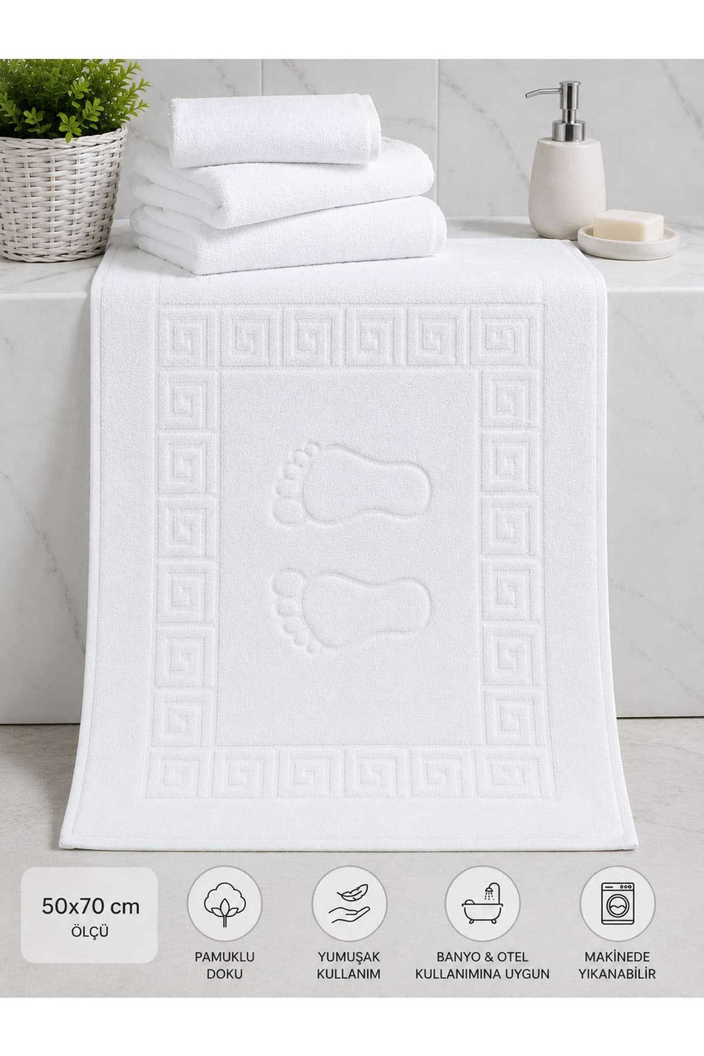 2 li Ayak İzli Banyo Pamuklu Ayak Havlusu 50x70 Cm Beyaz