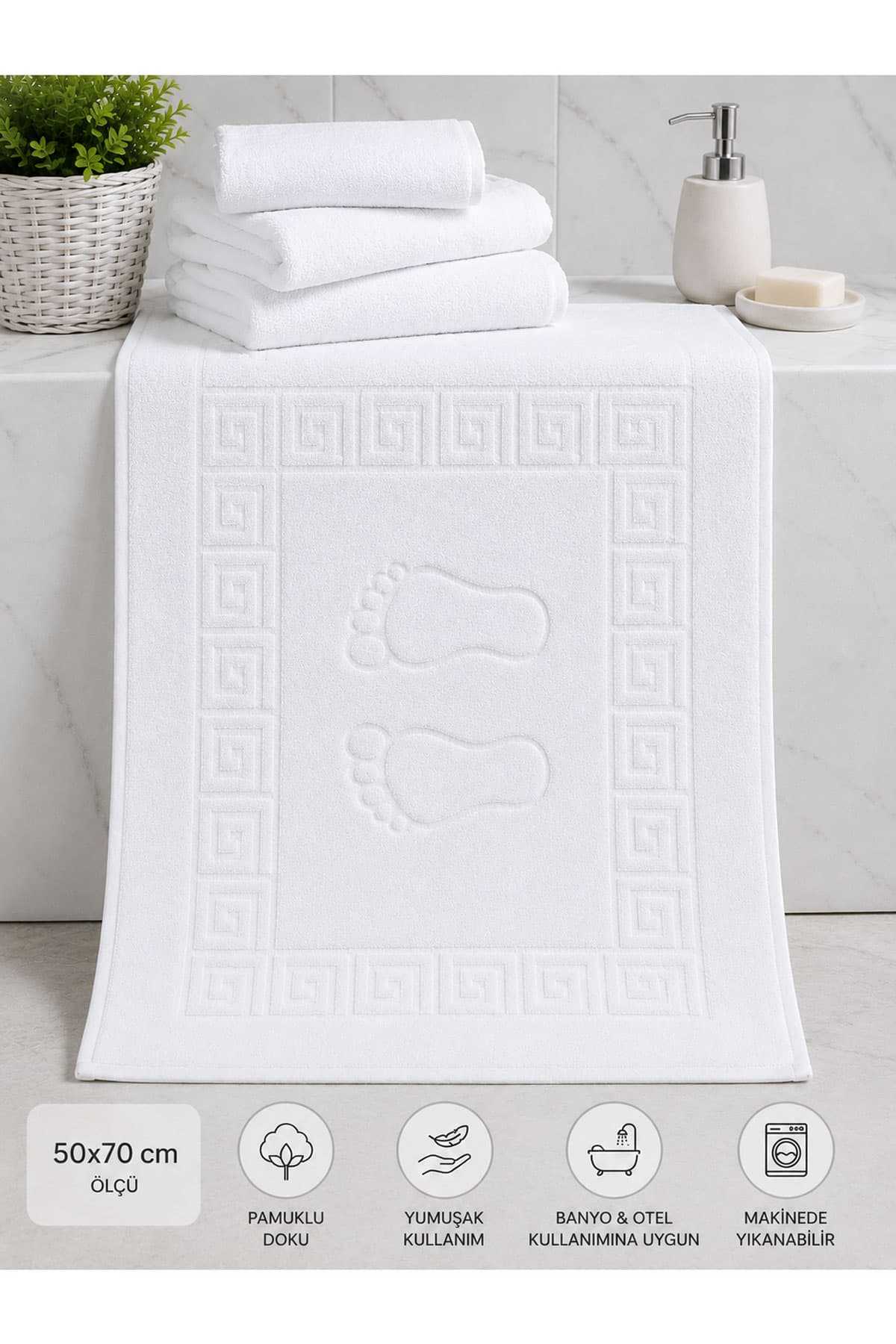 2 li Ayak İzli Banyo Pamuklu Ayak Havlusu 50x70 Cm Beyaz