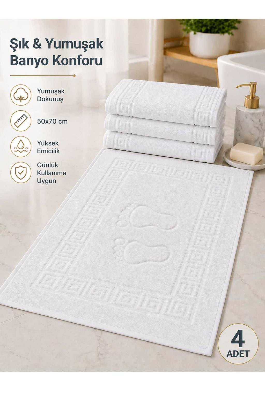 4 lü Ayak İzli Banyo Pamuklu Ayak Havlusu 50x70 Cm Beyaz