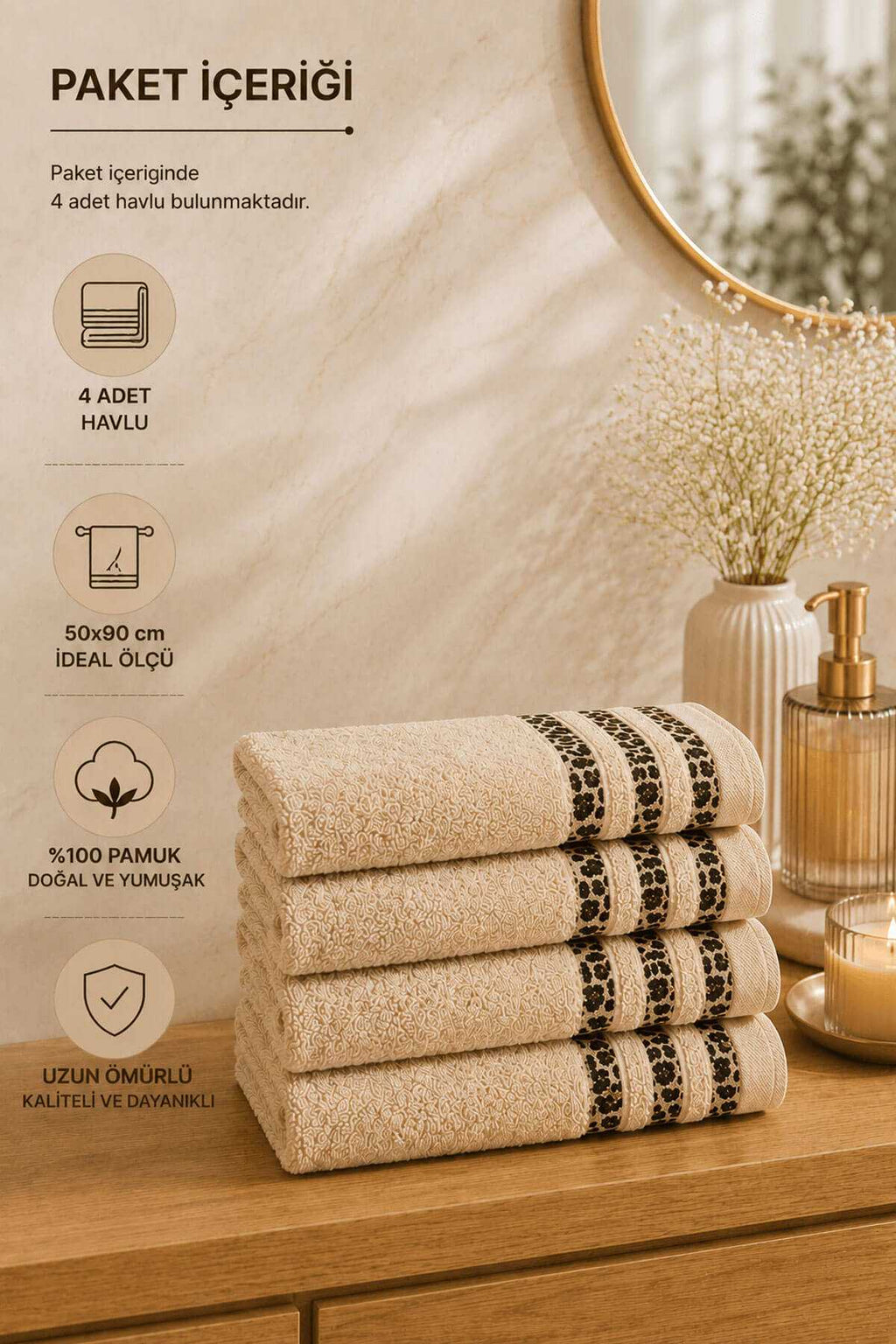 4-Piece Hand Face Towel Set 100% Cotton 50x90 cm Savannah Sand Beige