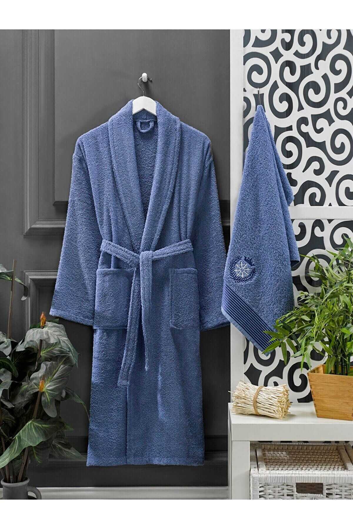 4 Piece Family Bathrobe Set for Women and Men with Towels 100 Navy Blue Pink