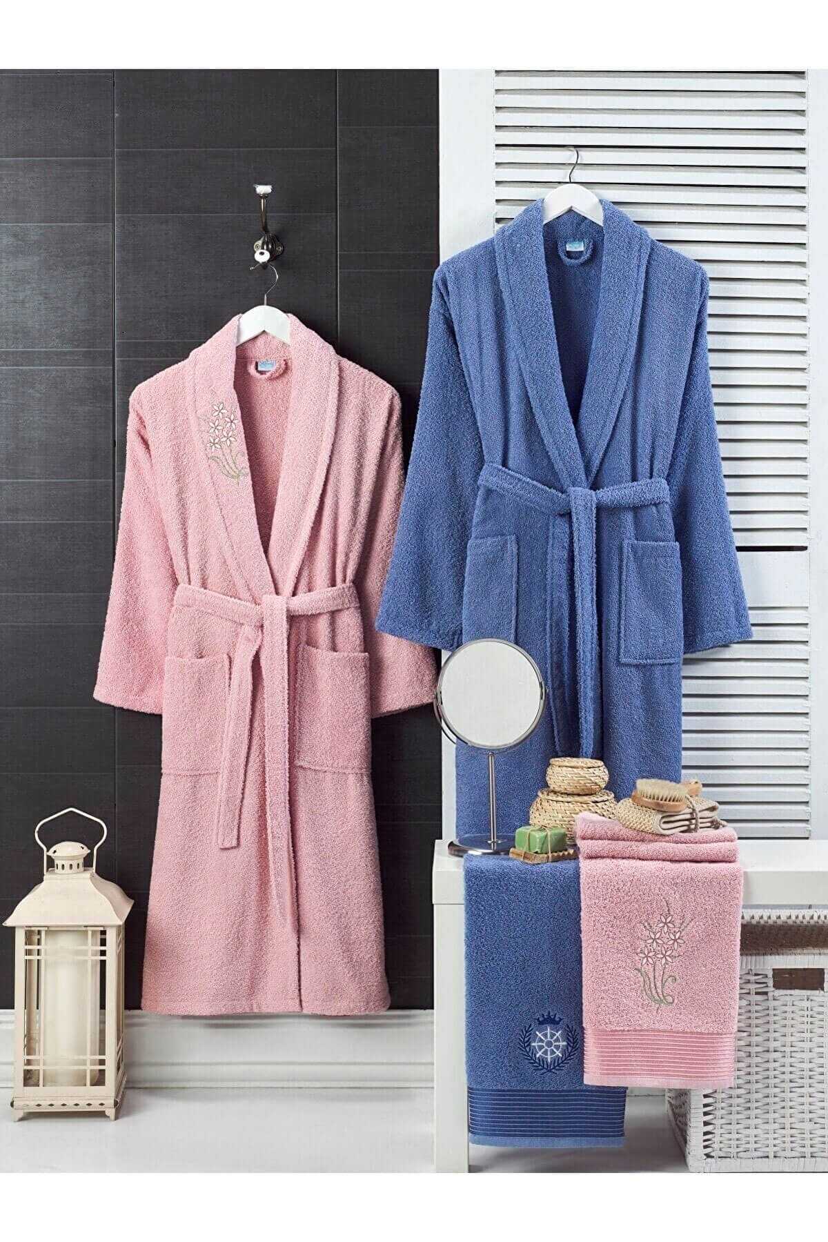 4 Piece Family Bathrobe Set for Women and Men with Towels 100 Navy Blue Pink