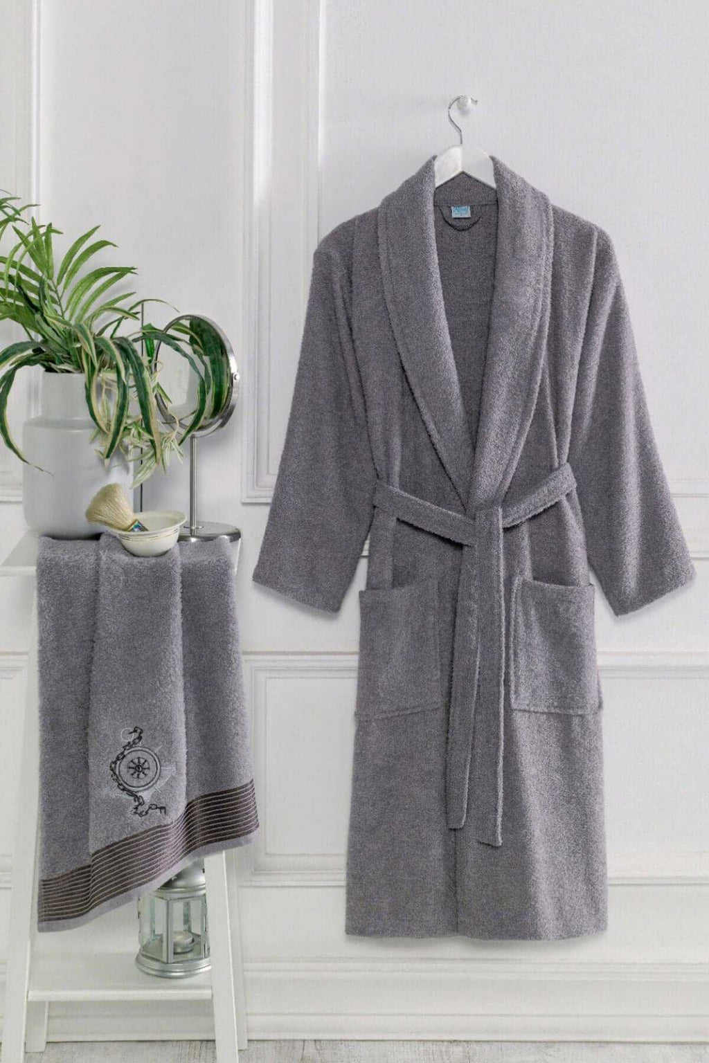 Men's Hooded Bathrobe Set 100% Cotton Anthracite