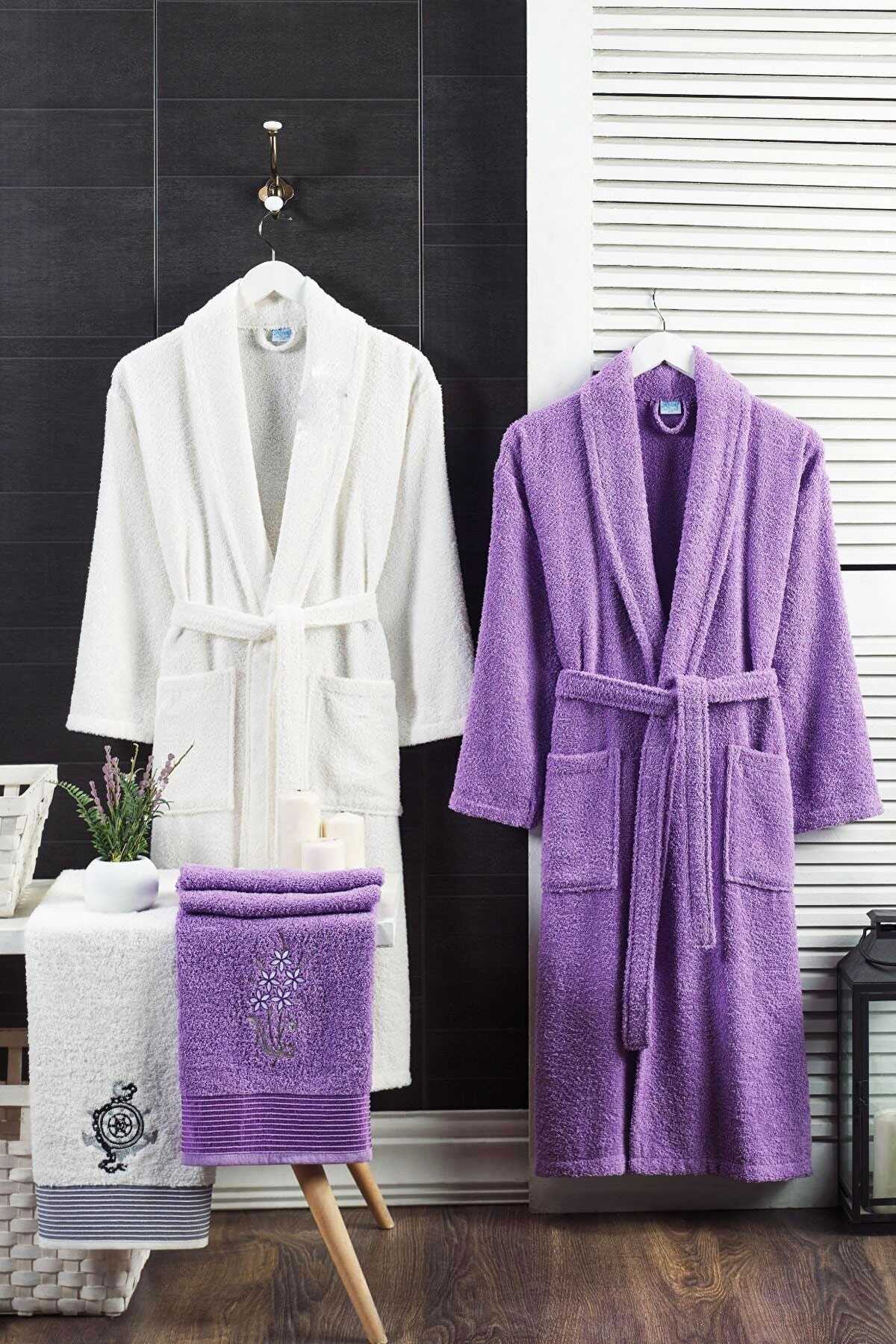 4 Piece Family Bathrobe Set Women Men Towel Bathrobe Set 100 White Lavender
