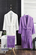 4 Piece Family Bathrobe Set Women Men Towel Bathrobe Set White Lavender