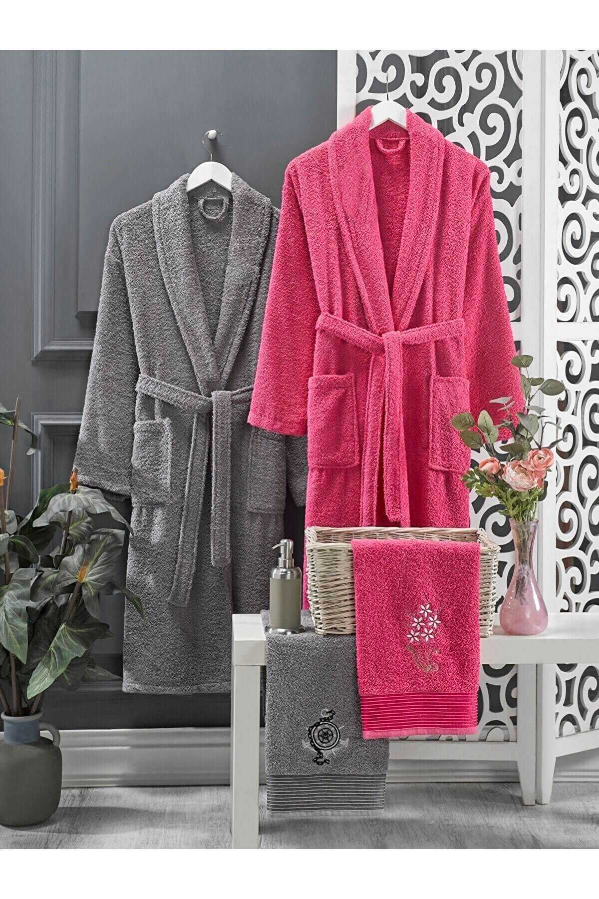 4 Piece Family Bathrobe Set Women Men Towel Bathrobe Set Fuchsia Grey