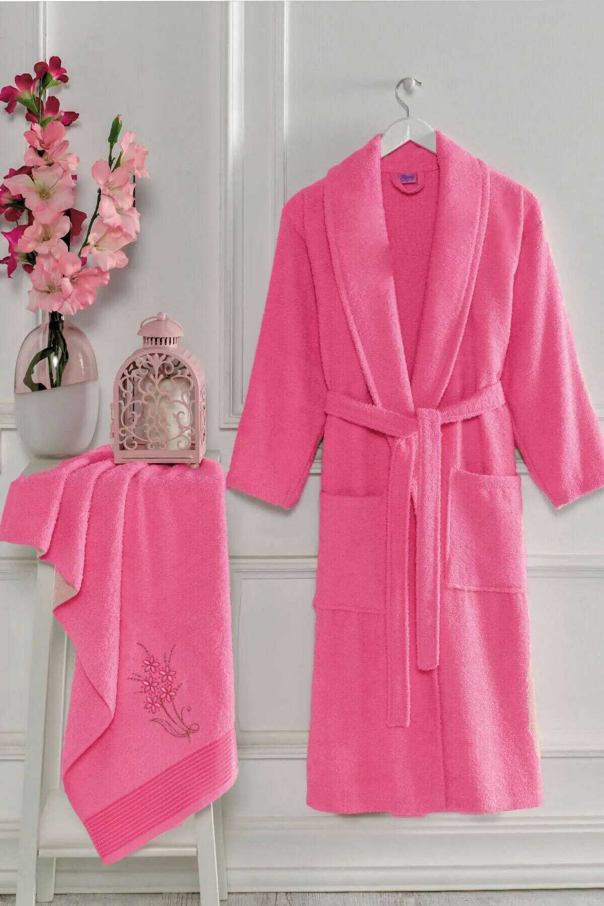 Women's Hooded Terrycloth Bathrobe Set 100% Cotton Fuchsia