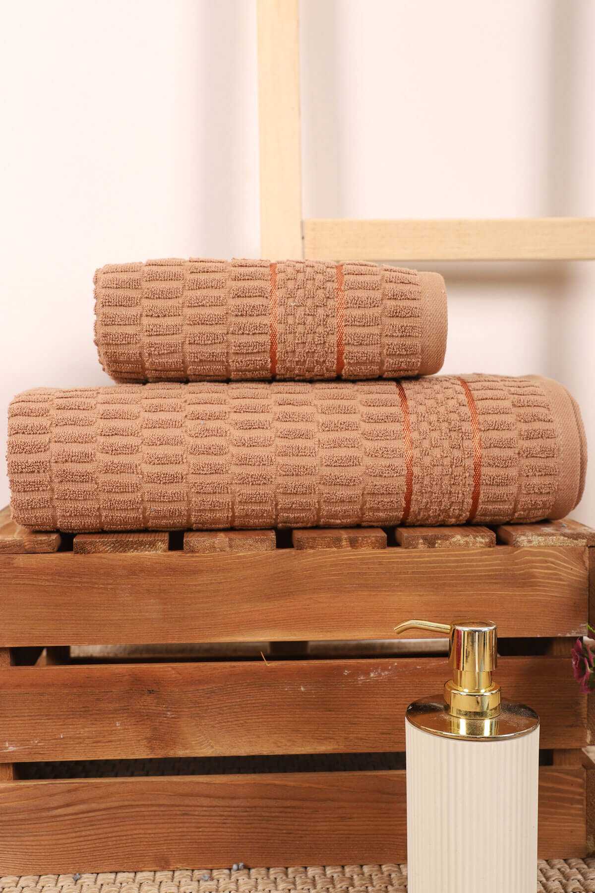 2 Parça Banyo Havlu Takımı %100 Pamuklu Çubuk Desen Kahverengi