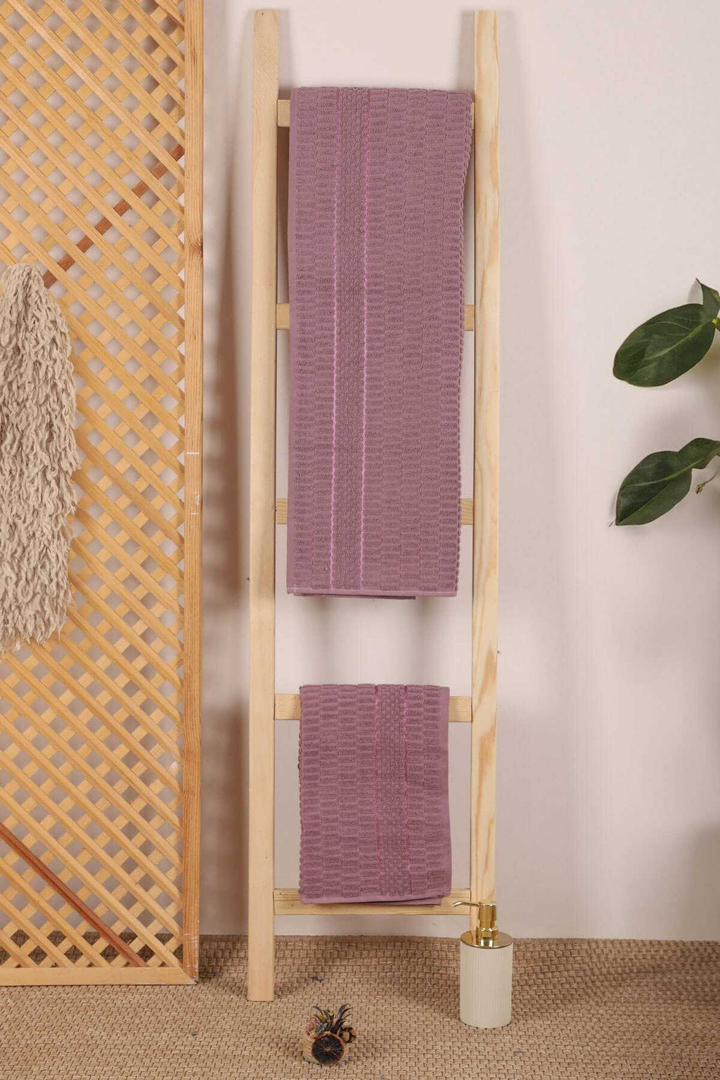 2 Piece Bathroom Towel Set 100% Cotton Stick Pattern Purple