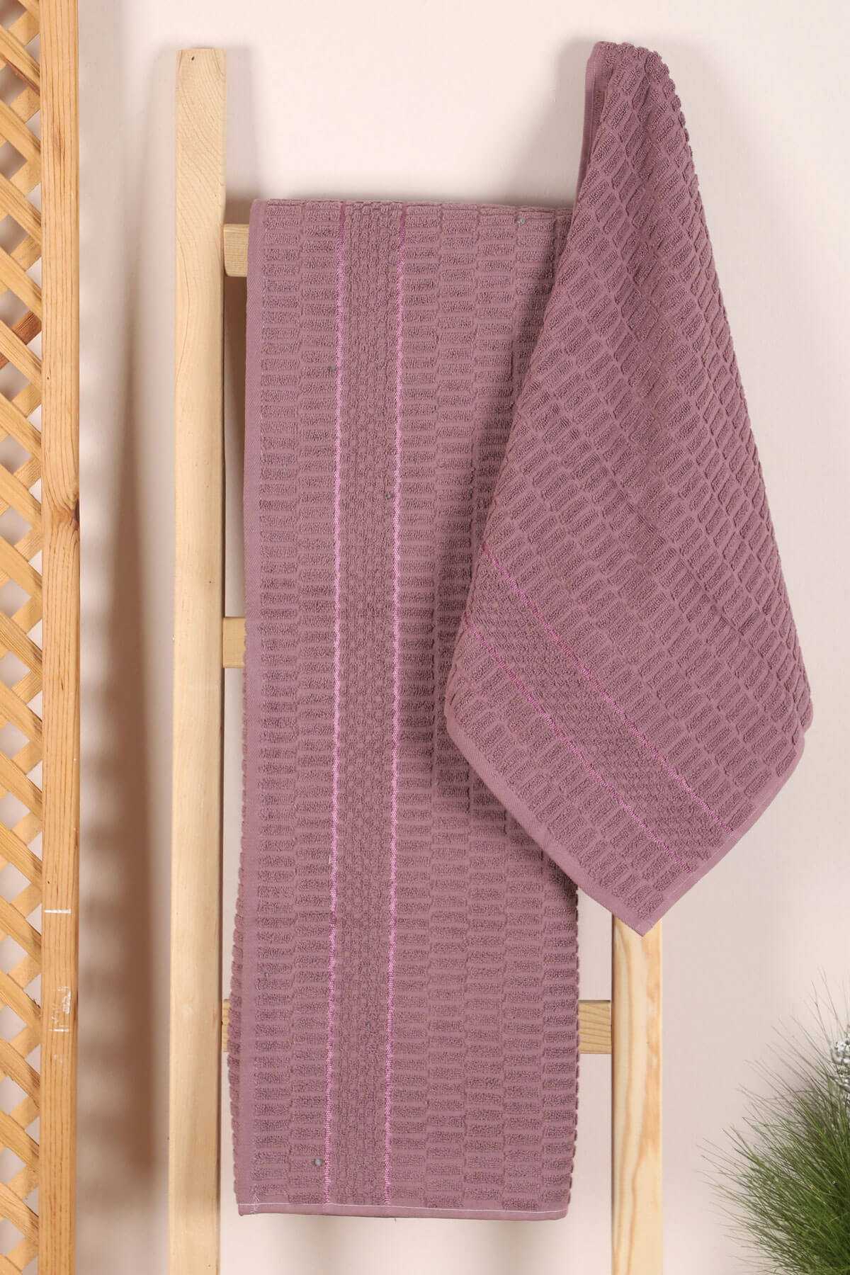 2 Parça Banyo Havlu Takımı %100 Pamuklu Çubuk Desen Mor