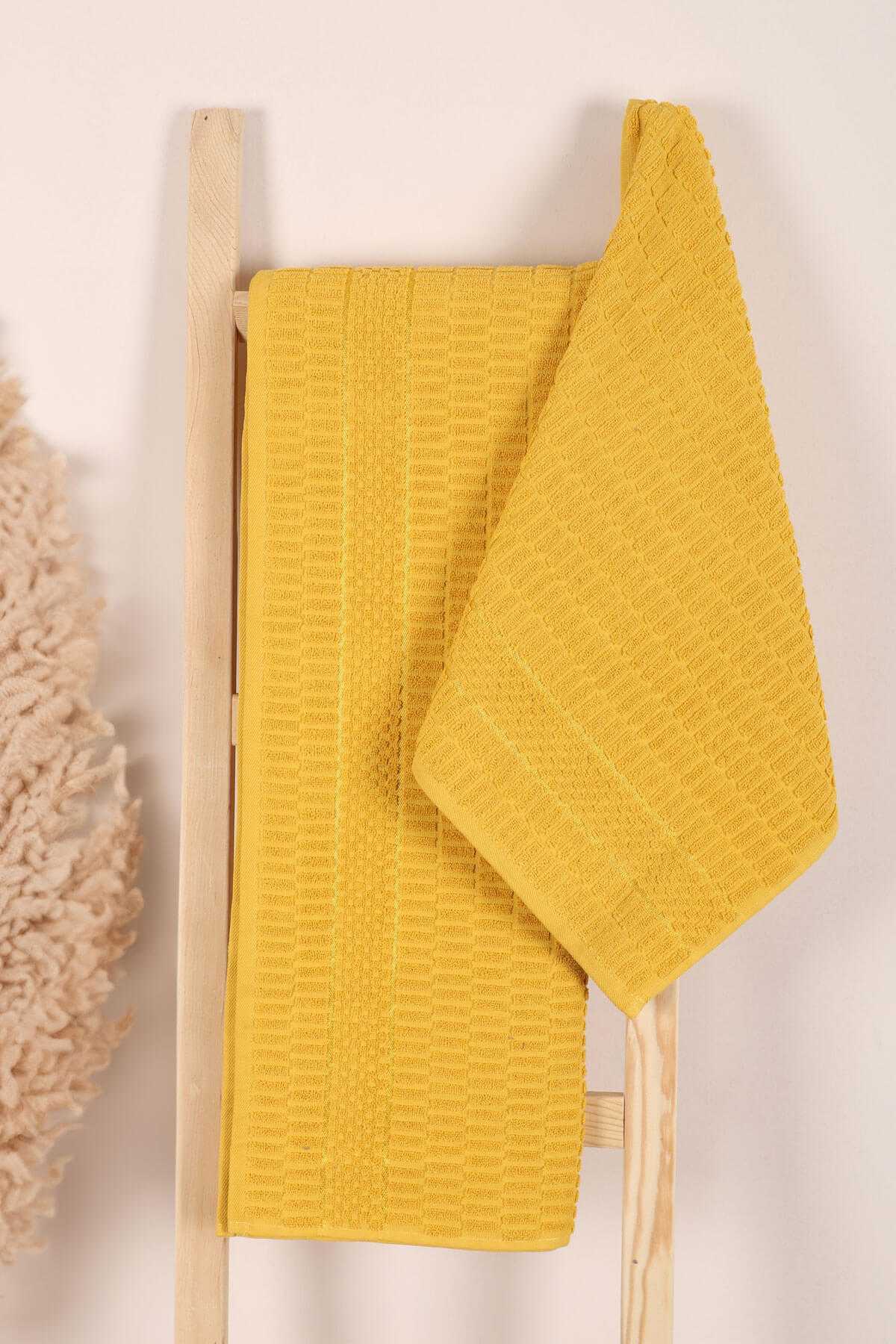 2 Parça Banyo Havlu Takımı %100 Pamuklu Çubuk Desen Sarı