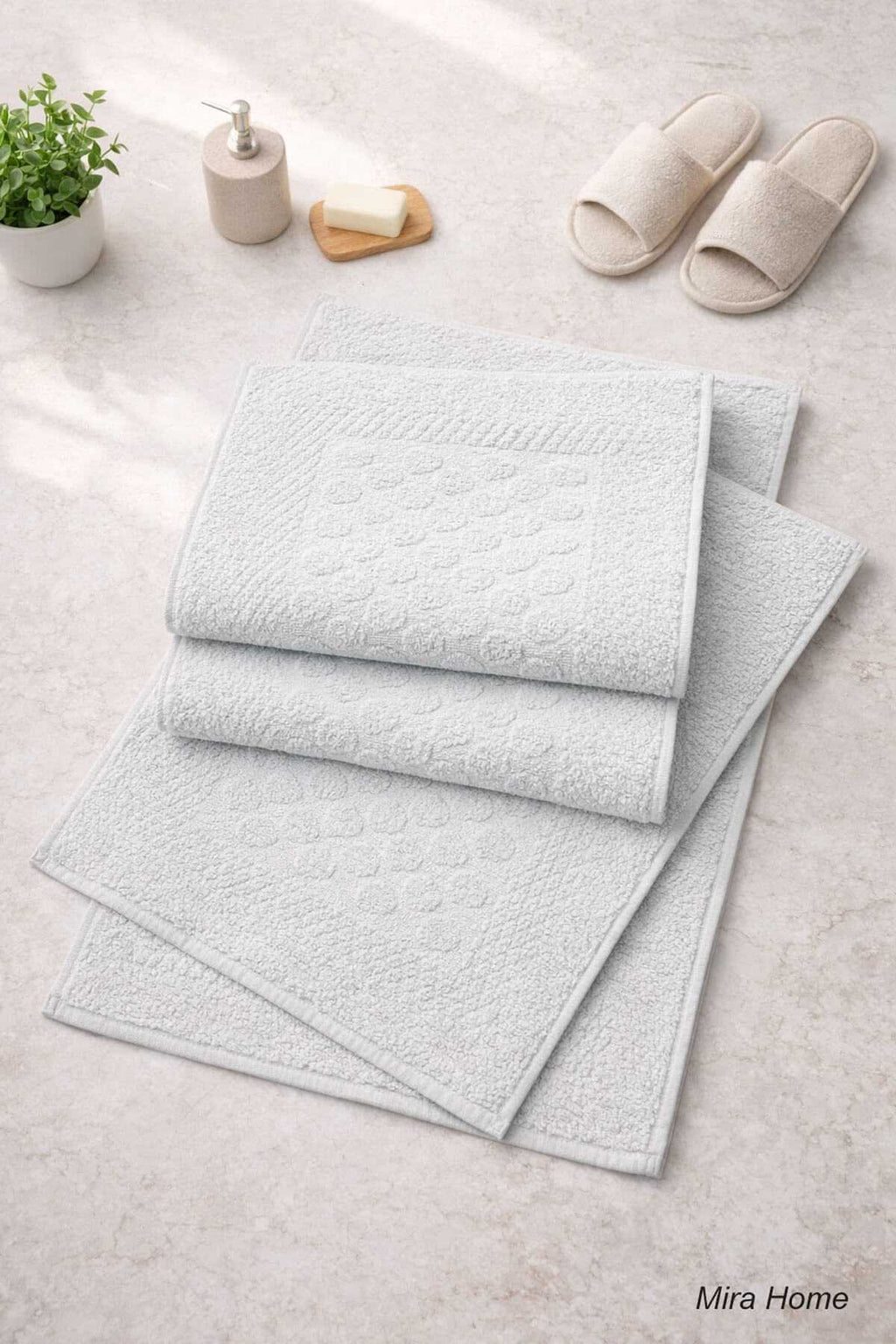 3 Piece Cotton Bath Mat Set, Embossed Pattern, 50x70 cm, Light Gray