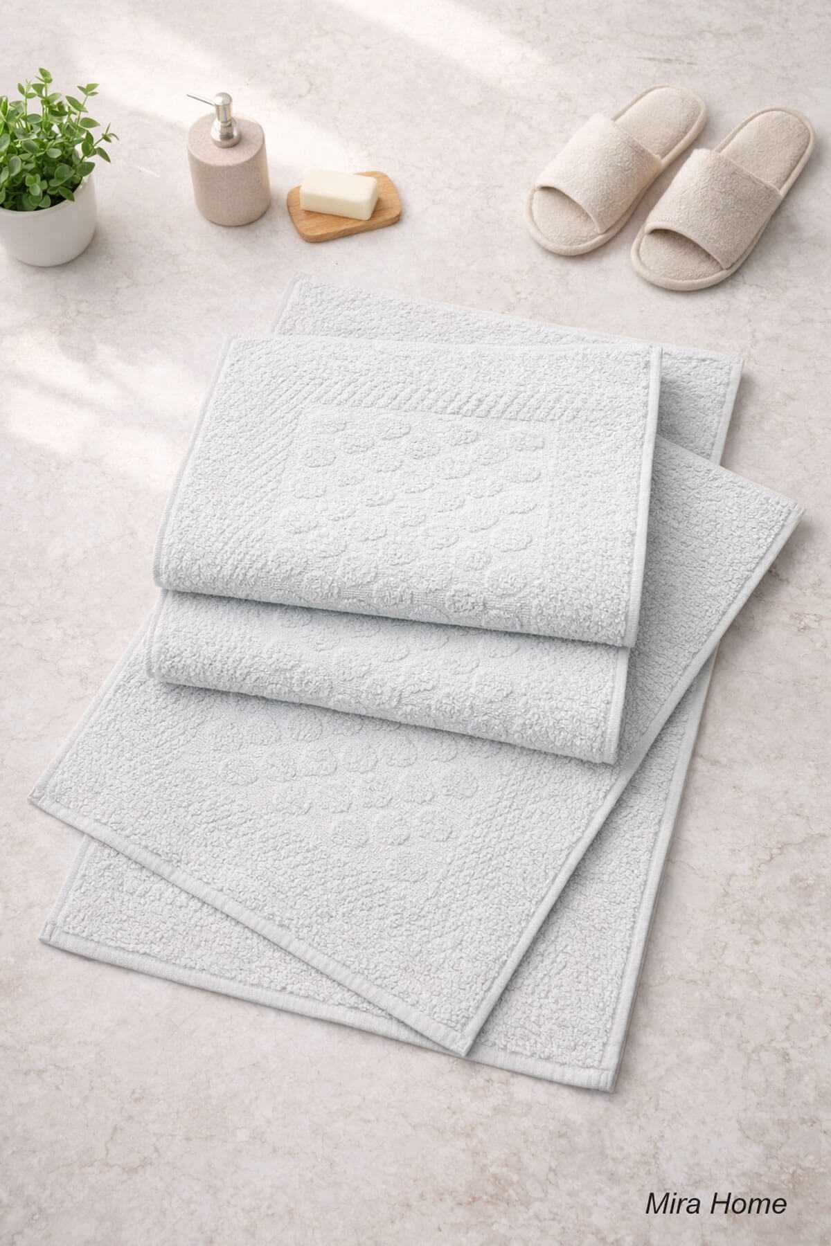 3 Piece Cotton Bath Mat Set, Embossed Pattern, 50x70 cm, Light Gray