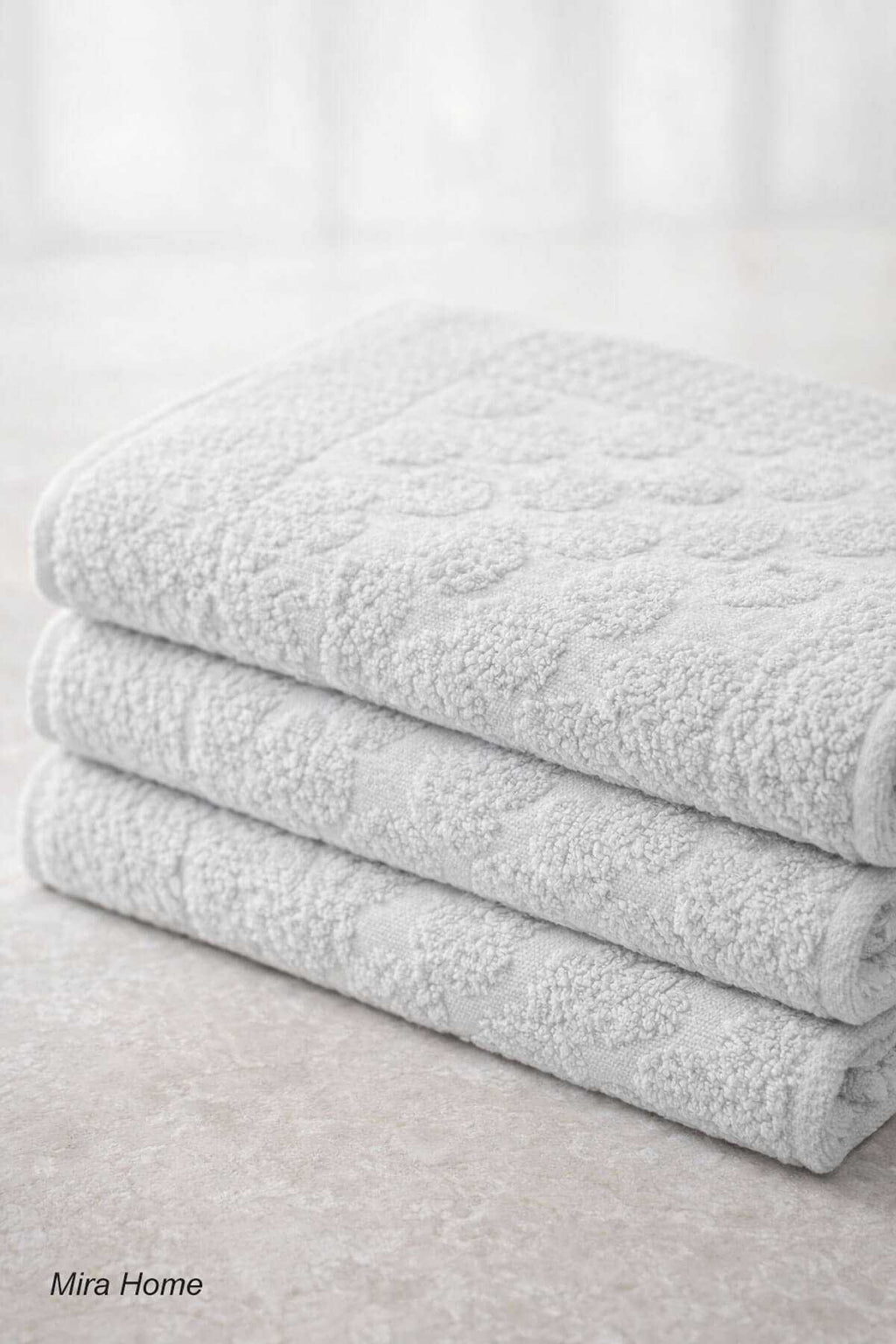 3 Piece Cotton Bath Mat Set, Embossed Pattern, 50x70 cm, Light Gray