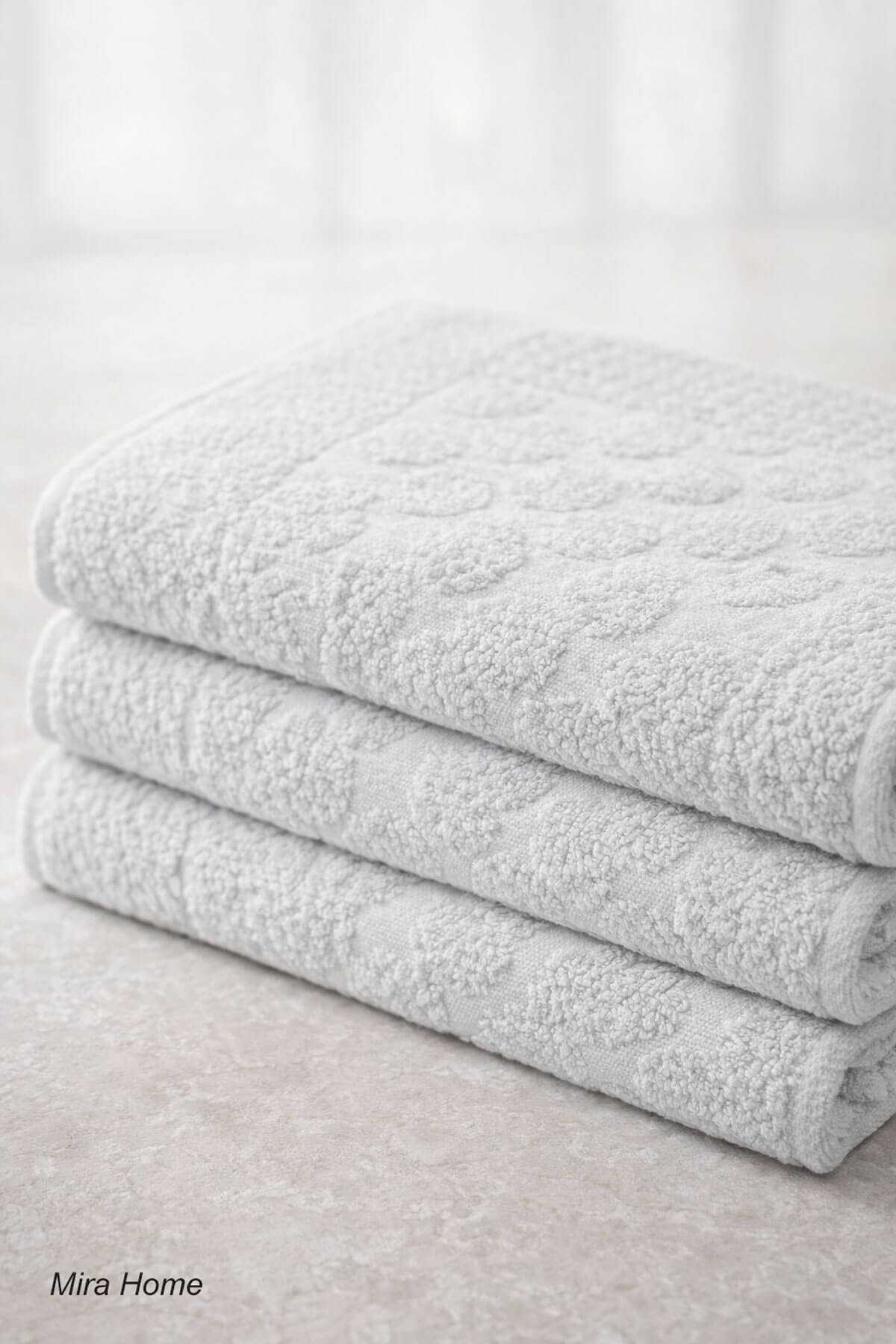 3 Piece Cotton Bath Mat Set, Embossed Pattern, 50x70 cm, Light Gray