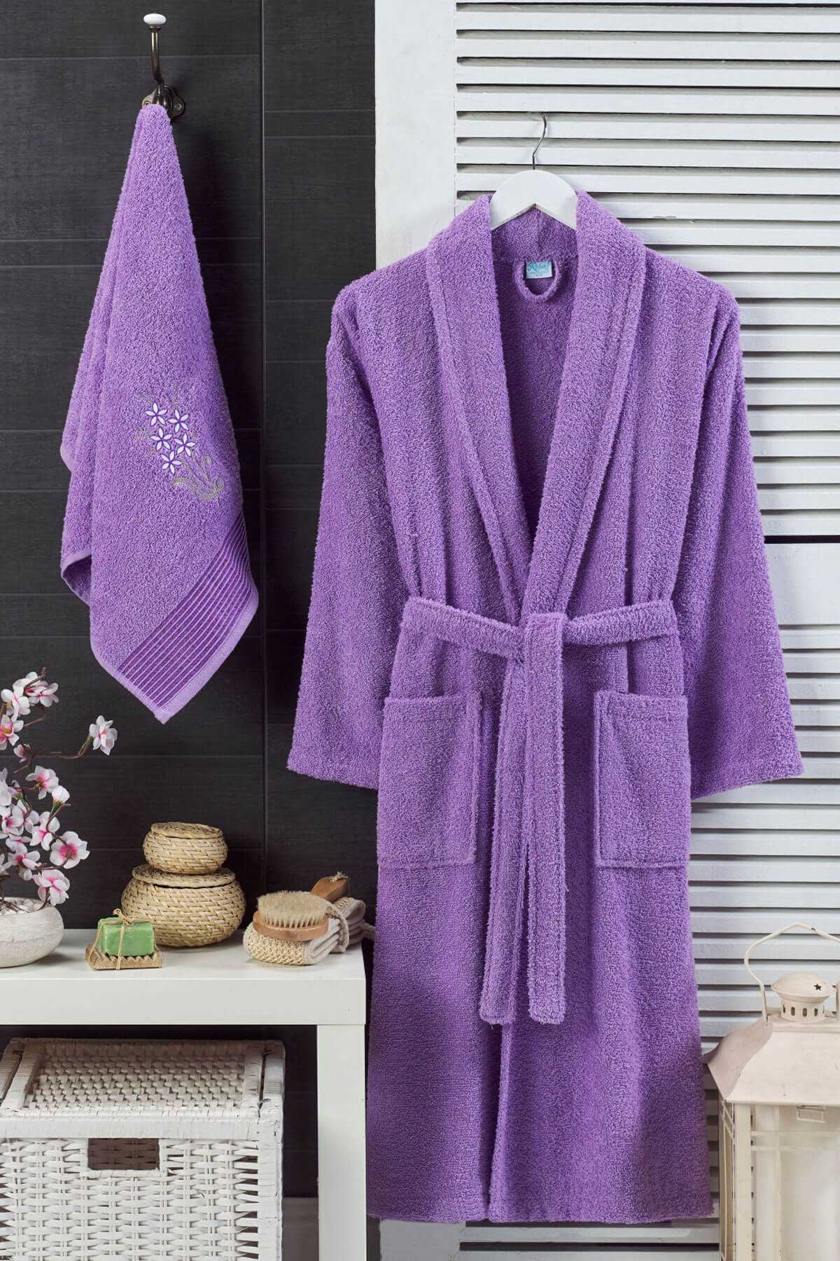 Women's Towel Bathrobe Set %100 Cotton Lavender