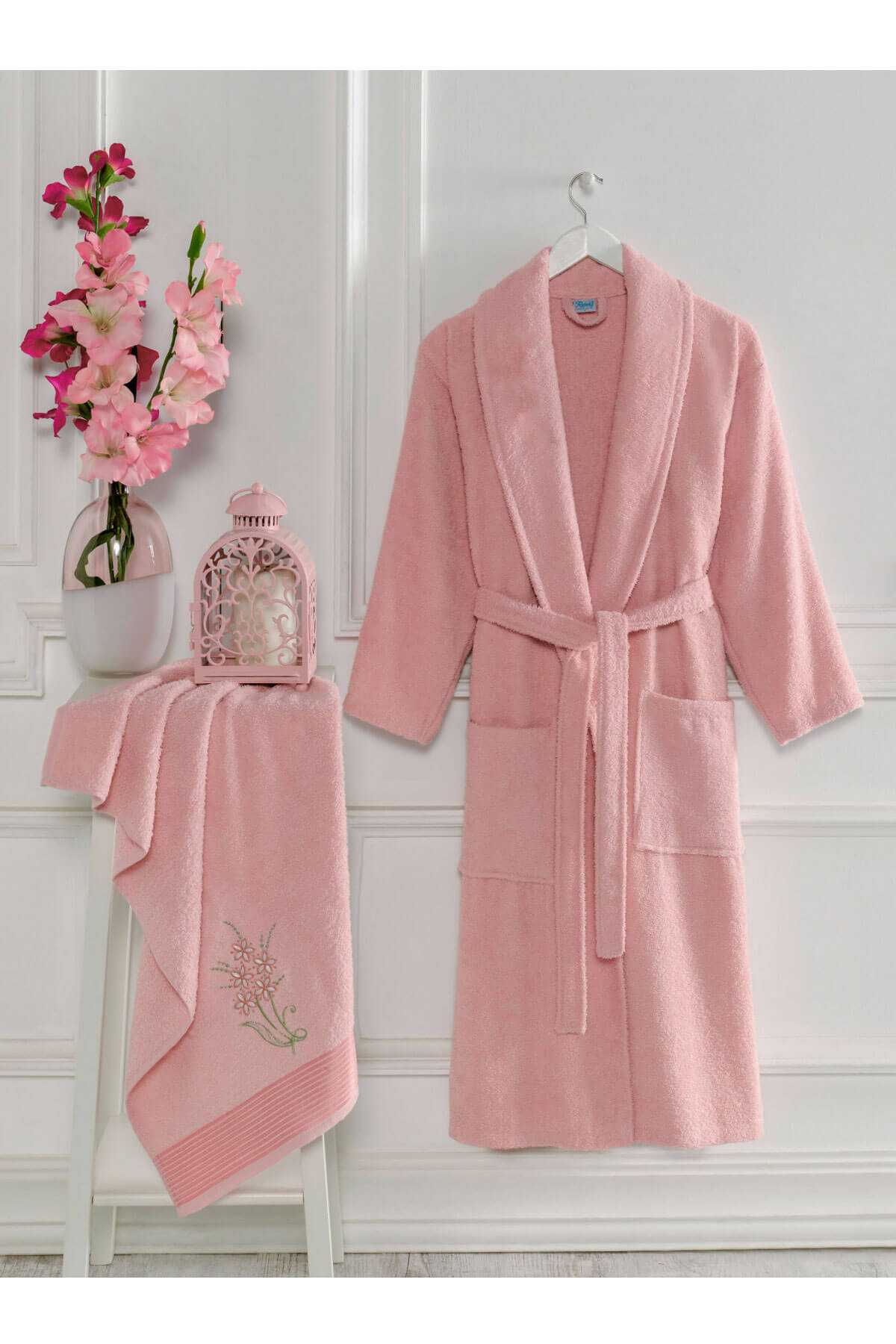 Women's Hooded Terry Bathrobe Set 100% Cotton Pink