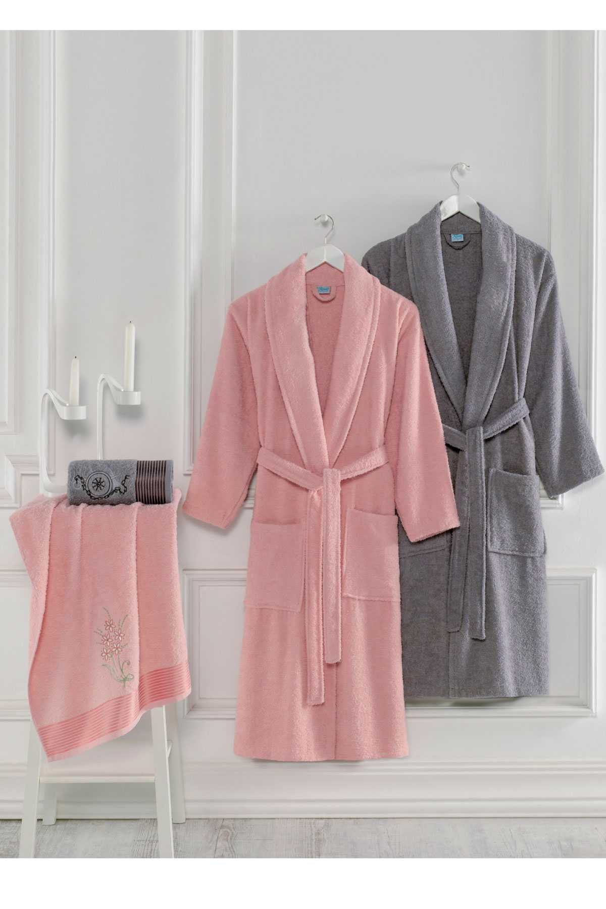4 Piece Family Bathrobe Set Women Men Towel Bathrobe Set Pink Gray