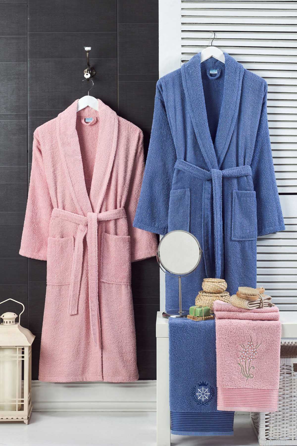 4 Piece Family Bathrobe Set Women Men Towel Bathrobe Set Navy Pink
