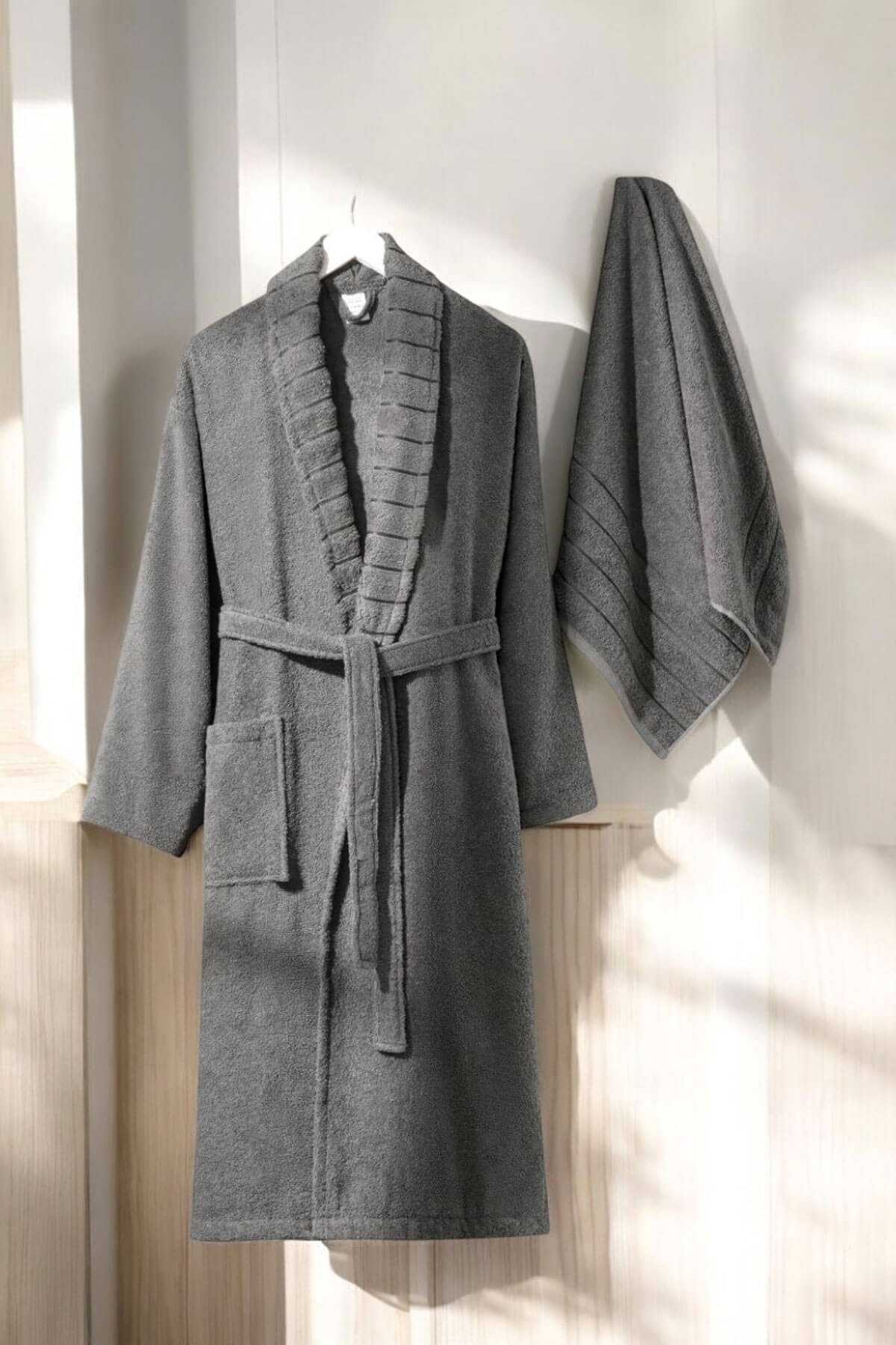 AquaLoom Luxury Men's Bathrobe and Towel Set 100% Cotton Anthracite