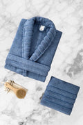 AquaLoom Luxury Men's Bathrobe and Towel Set 100% Cotton Blue