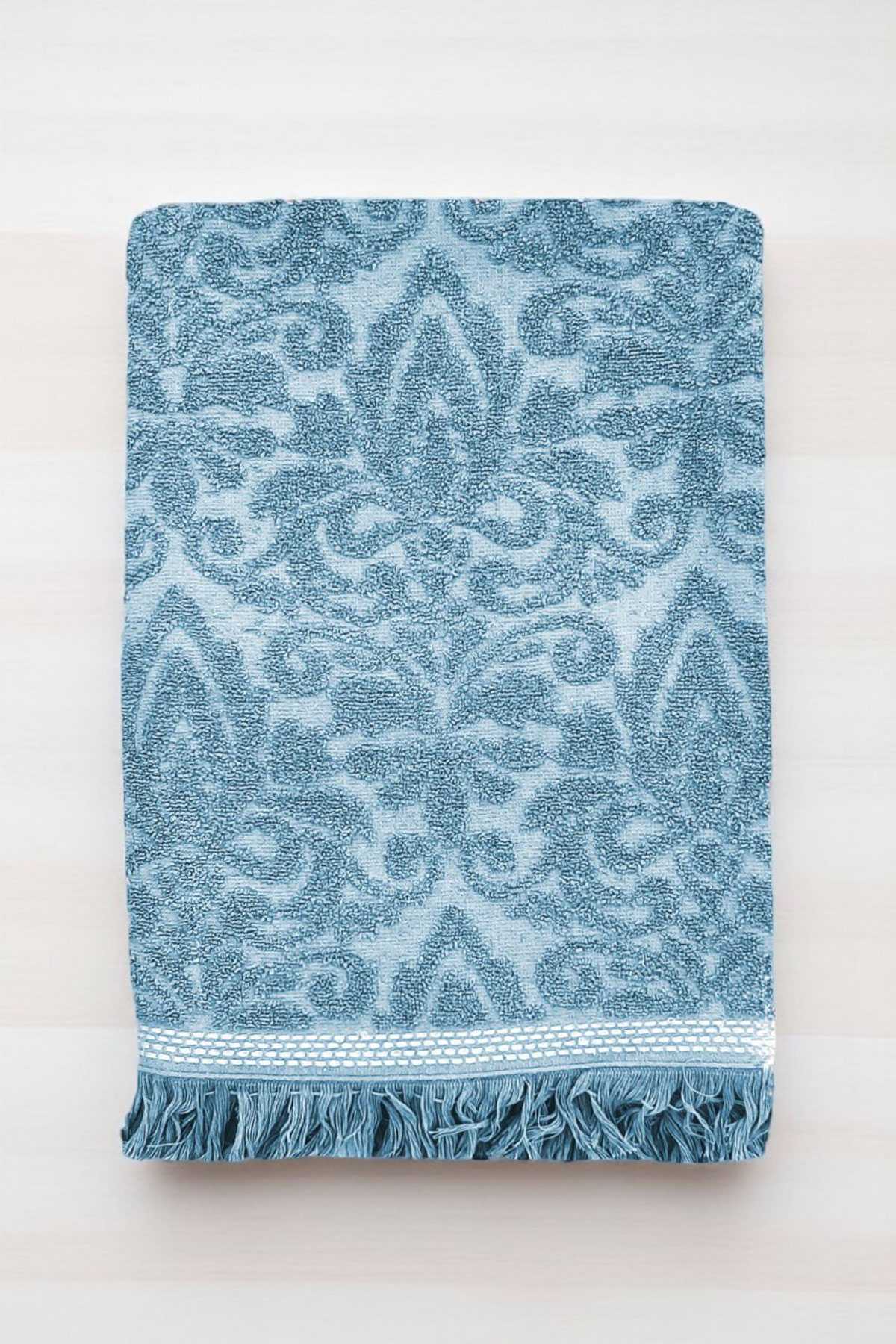 2 Parça Jakarlı Banyo Havlu Takımı %100 Pamuklu 90x150 Cm Arden Mavi
