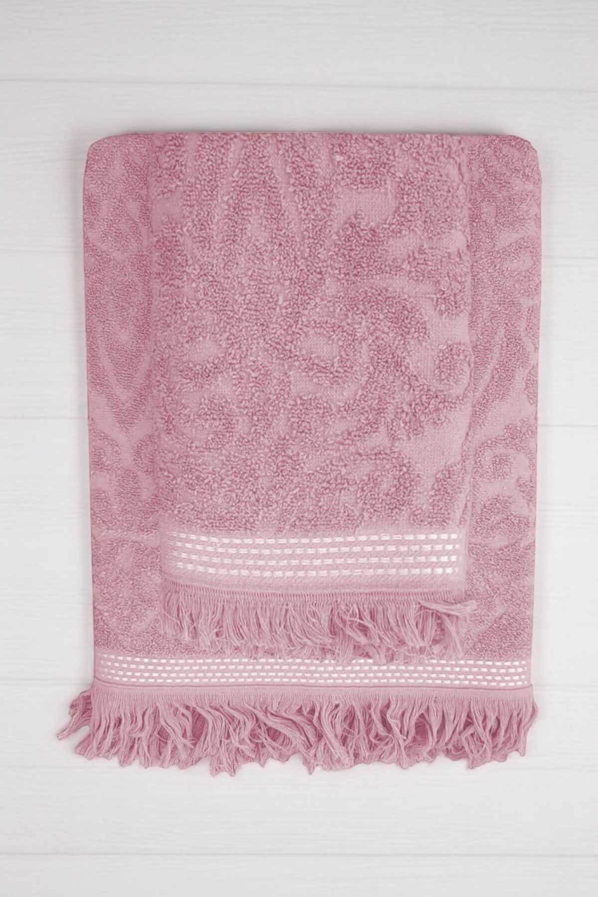 2 Parça Jakarlı Banyo Havlu Takımı %100 Pamuklu 90x150 Cm Arden Pembe