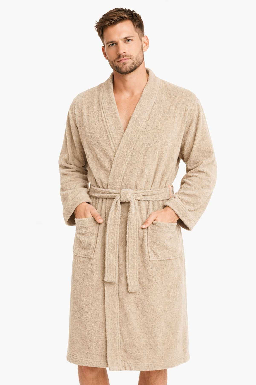 Kimono Collar Unisex Cotton Single Bathrobe Beige