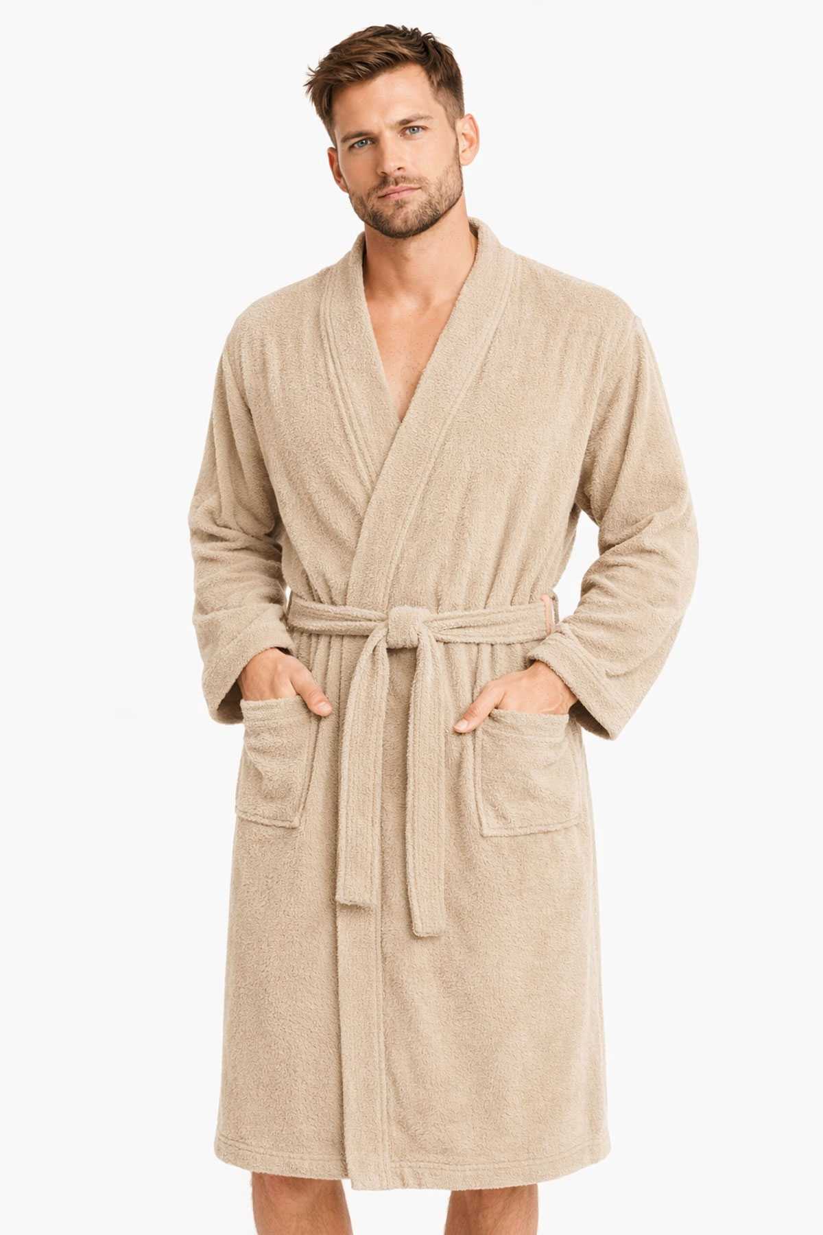 Kimono Collar Unisex Cotton Single Bathrobe Beige