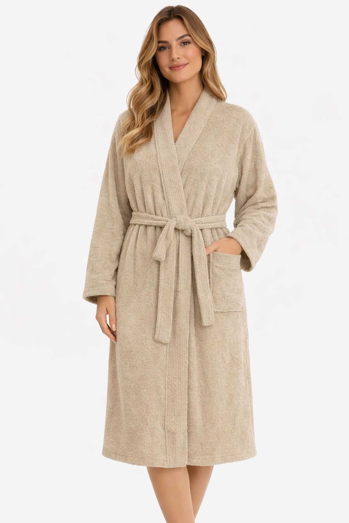 Kimono Collar Unisex Cotton Single Bathrobe Beige