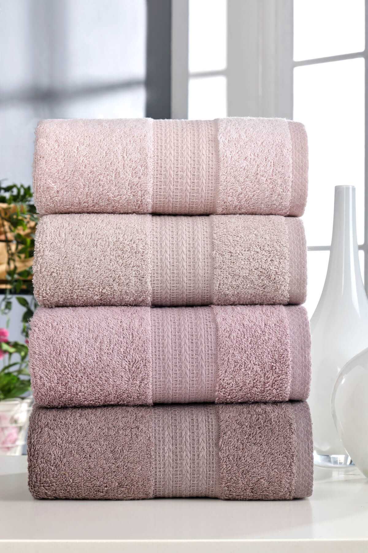 4-Piece Hand and Face Towel Set, 100% Cotton Rainbow, 50x85 cm, Powder Pink