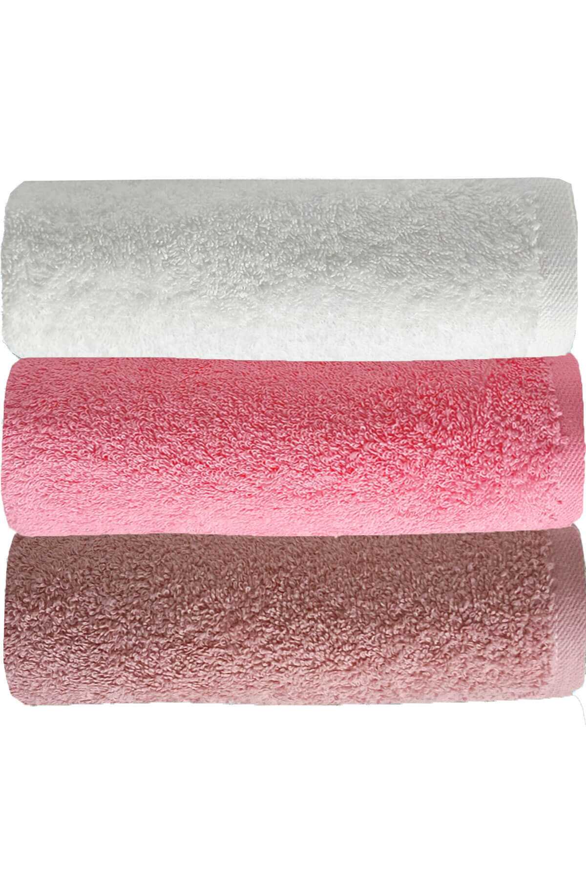3'lü Düz Renk El Yüz Havlu Seti %100 Pamuklu 50x90 Cm Gül-Pembe-Beyaz
