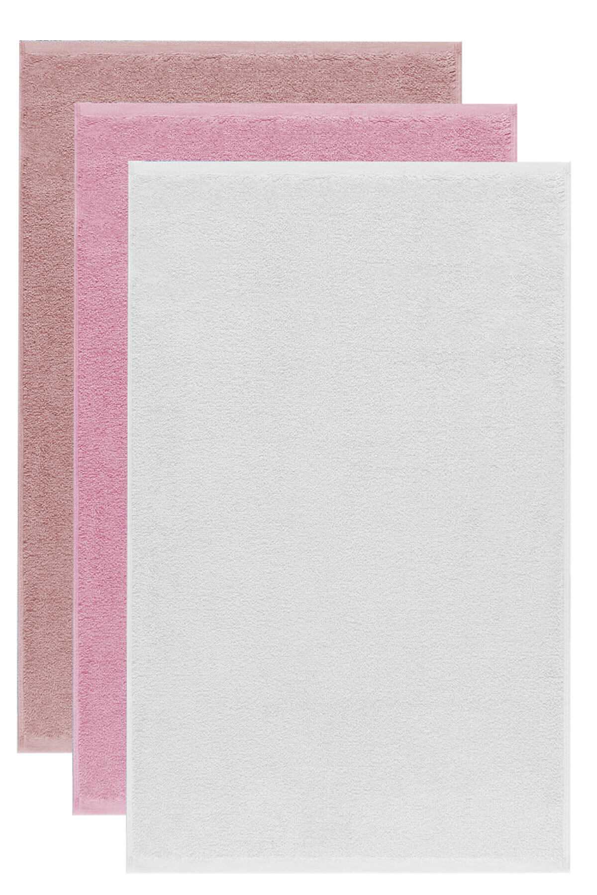 3'lü Düz Renk El Yüz Havlu Seti %100 Pamuklu 50x90 Cm Gül-Pembe-Beyaz
