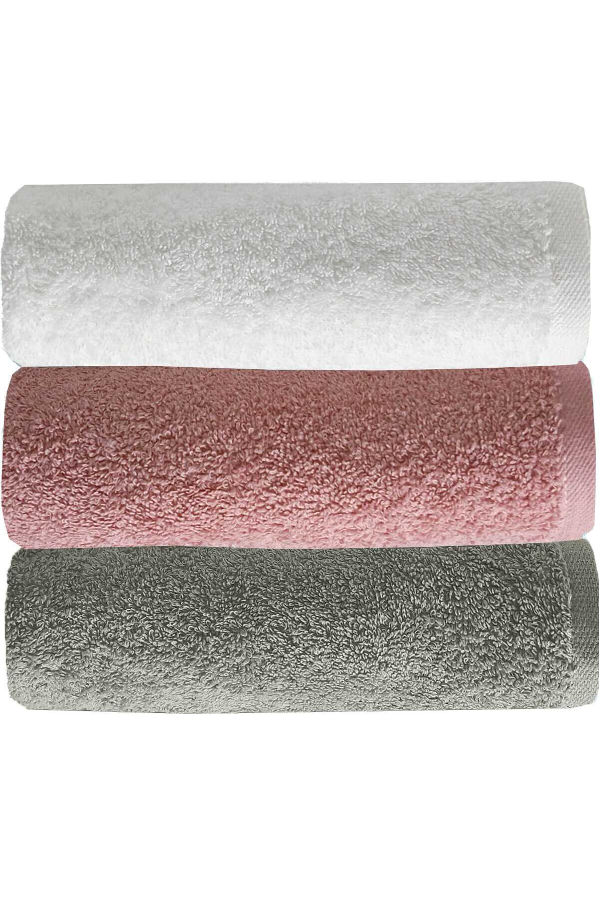 3 Piece Solid Color Hand Face Towel Set 100% Cotton 50x90 Cm Gray-Rose-White