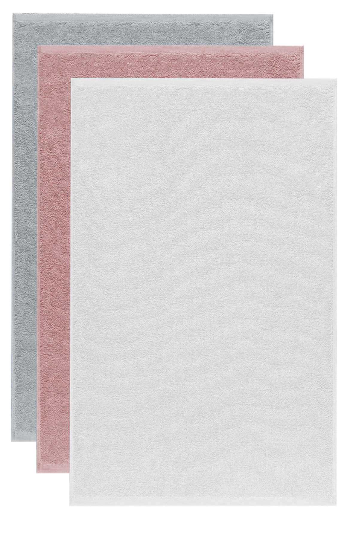 3 Piece Solid Color Hand Face Towel Set 100% Cotton 50x90 Cm Gray-Rose-White