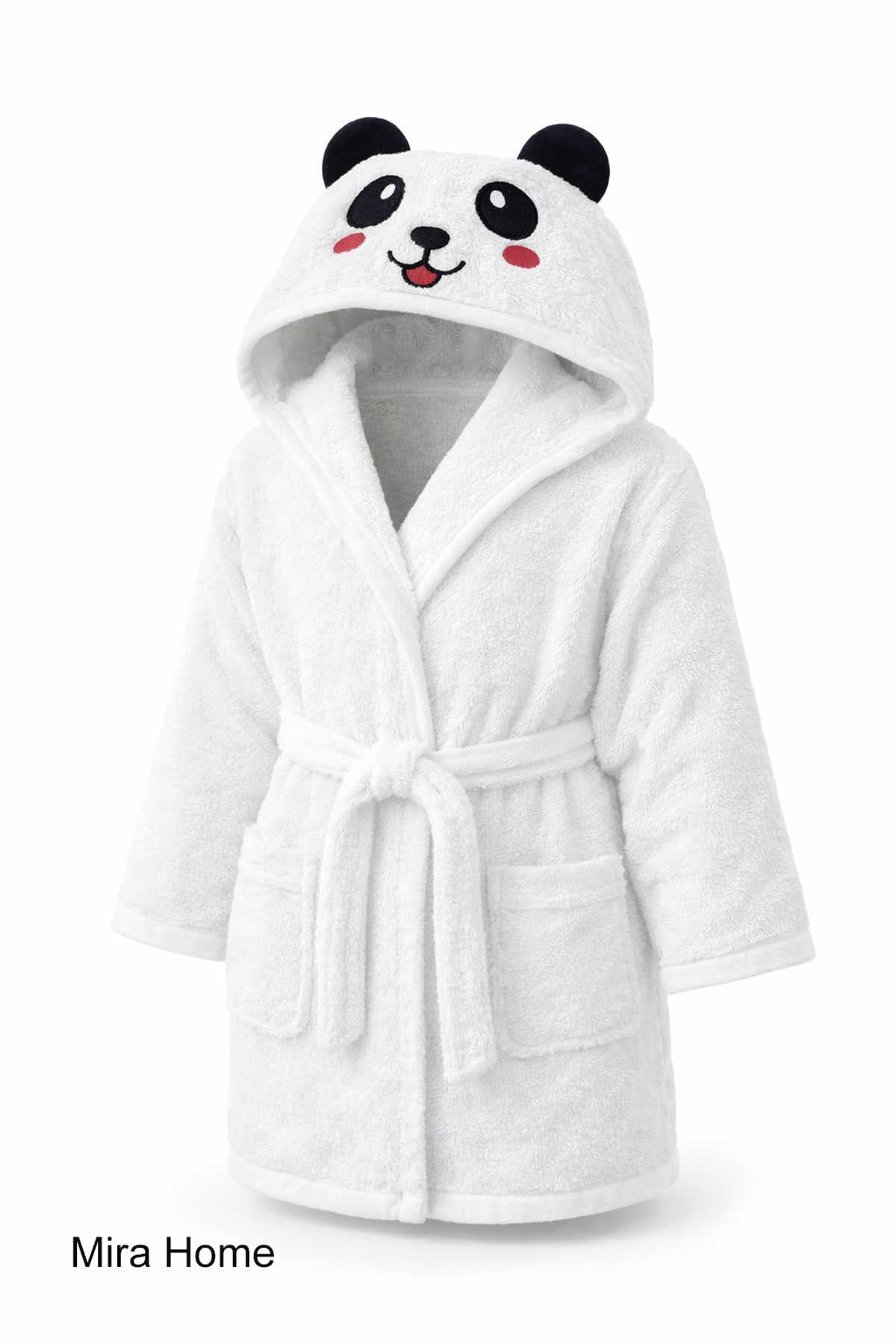 Cute Panda Embroidered White Cotton Hooded Kids Bathrobe