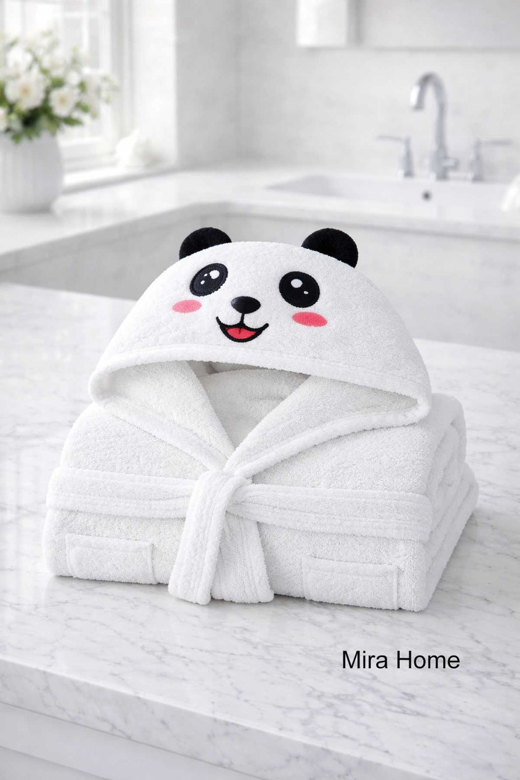 Cute Panda Embroidered White Cotton Hooded Kids Bathrobe