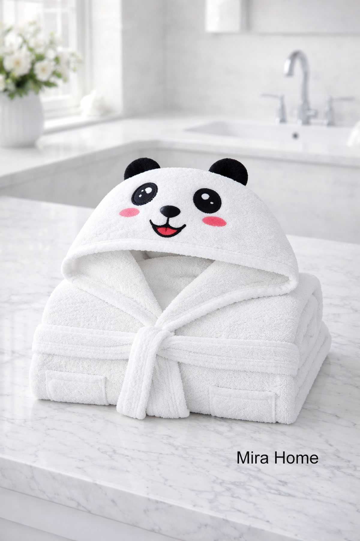 Cute Panda Embroidered White Cotton Hooded Kids Bathrobe