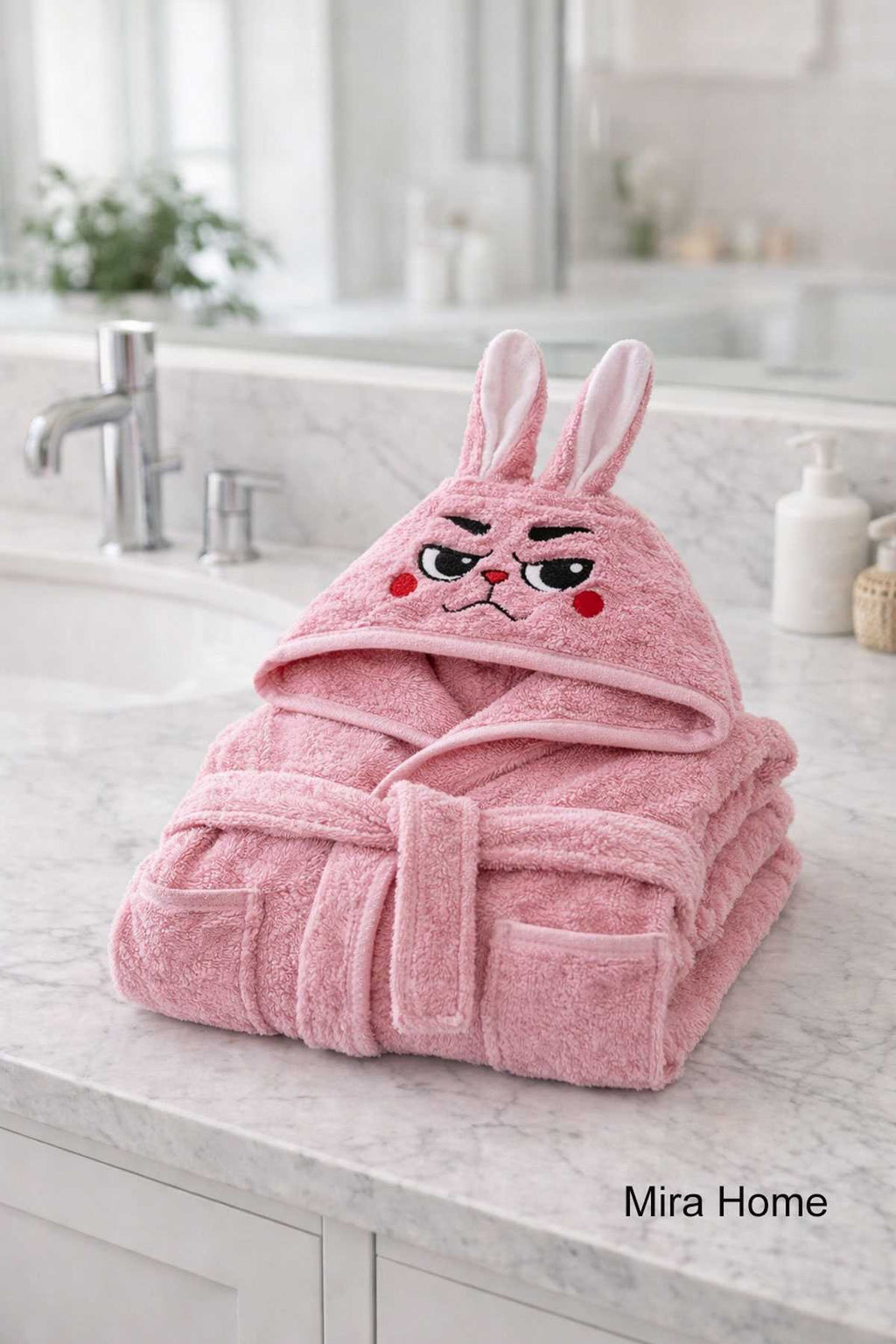 Pink Rabbit Embroidered Hooded Baby and Kids Bathrobe