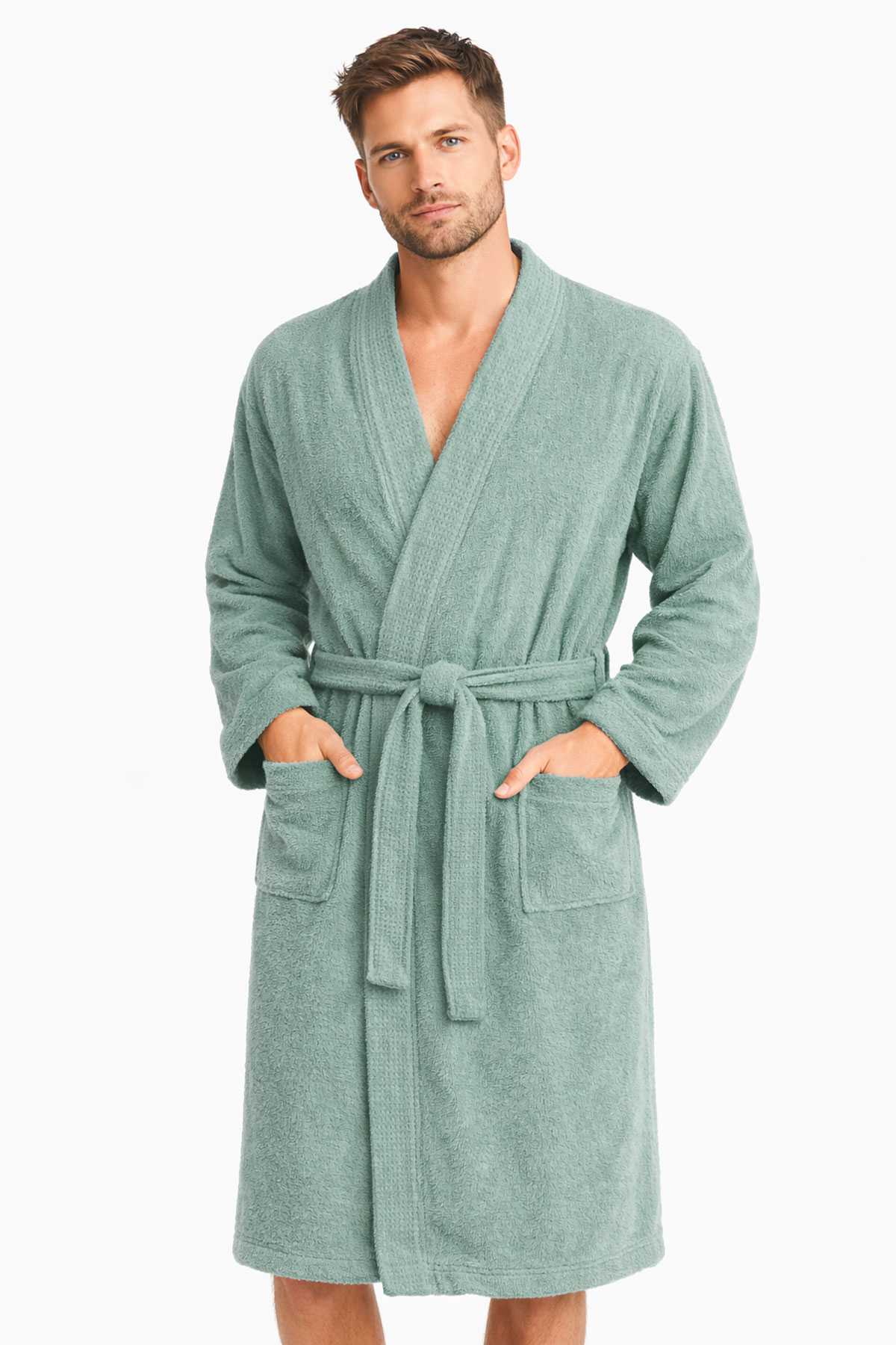 Kimono Collar Unisex Cotton Single Bathrobe Green