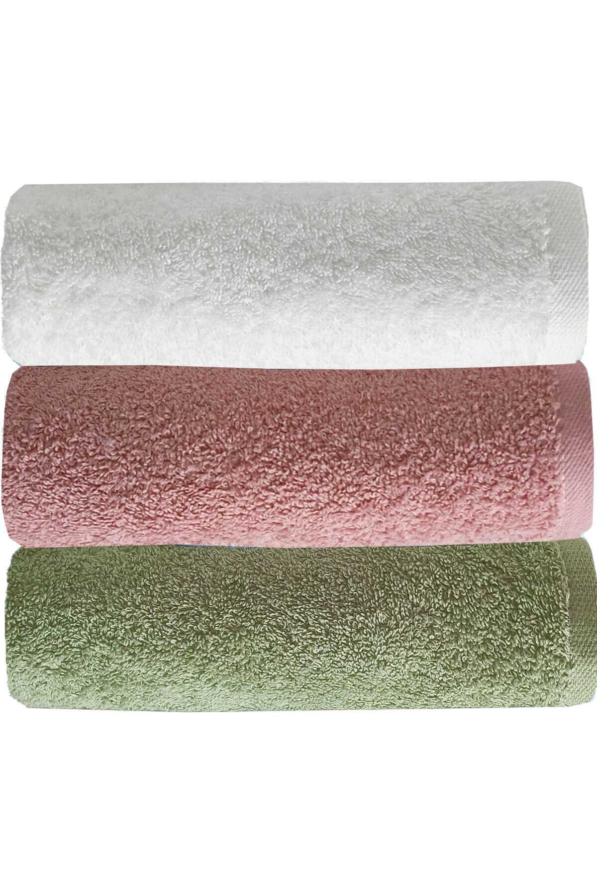 3-Piece Plain Hand Face Towel Set 100% Cotton 50x90 Cm Green Rose White