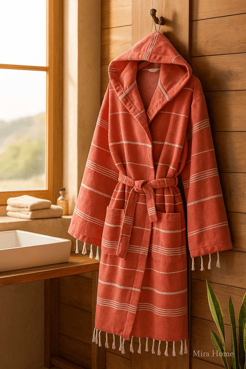 Hooded Striped Unisex Bath Beach Peshtemal Robe 100% Cotton Linetouch Terracotta