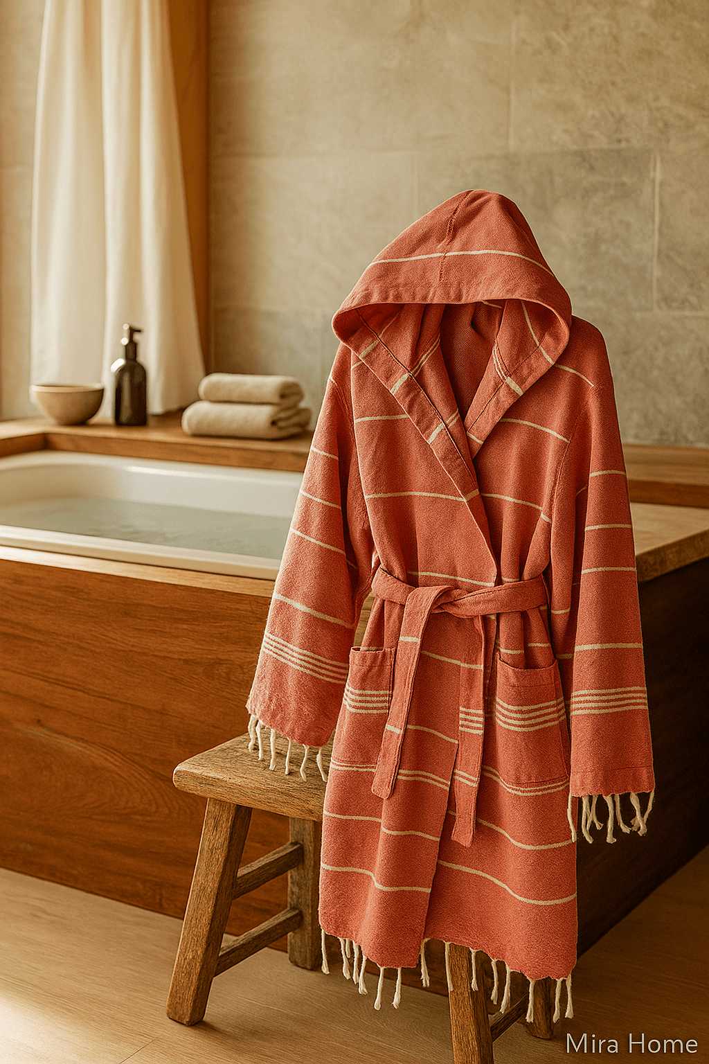 Hooded Striped Unisex Bath Beach Peshtemal Robe 100% Cotton Linetouch Terracotta